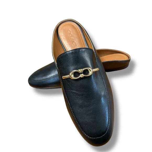 COACH Sienna Leather Slide Loafer Shoes Mule Clog Black Gold Luxury Women Sz 7.5 - Picture 5 of 16